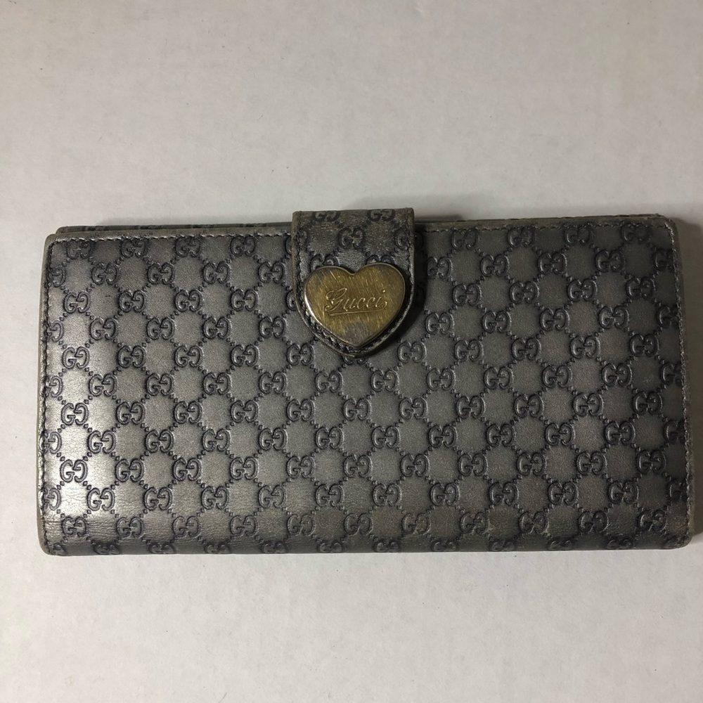 GUCCI 🌼Authentic Vintage Long Wallet Gray GG Link Guccissima Leather